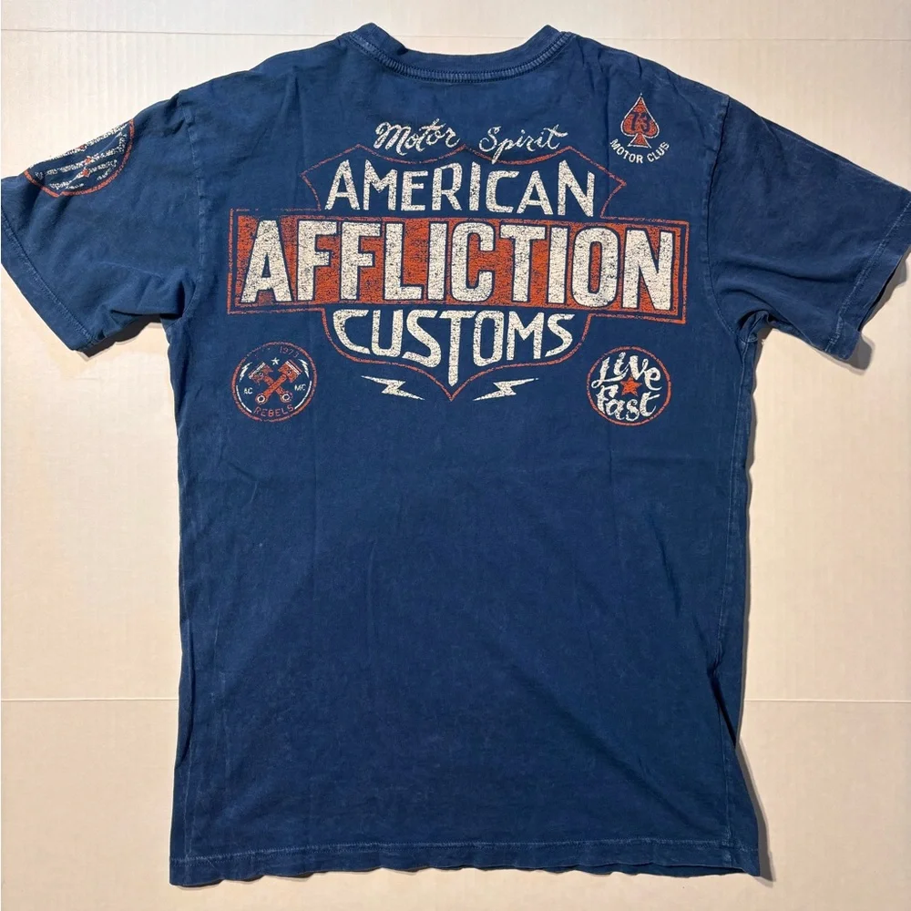Vtg Affliction American Customs Indian Skull Choppers Y2K Blue Men’s Tshirt Sz M - Picture 7 of 8
